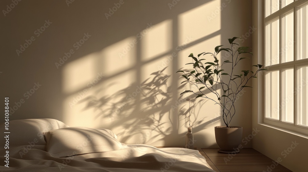 Poster sunlight streams through a window and casts shadows on a bed with white linens and a potted plant.