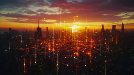 Smart digital city with connection cyber security network reciprocity over the cityscape . future smart wireless digital city and social media networking systems that connects people within the city