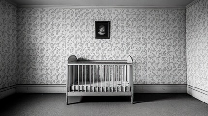 A black and white photo of a baby's room with a crib and a framed picture on the wall.