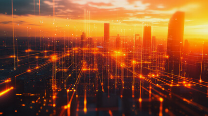 Obraz premium Smart digital city with connection cyber security network reciprocity over the cityscape . future smart wireless digital city and social media networking systems that connects people within the city