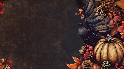 Charming autumn-themed illustration featuring pumpkins, candles, and maple leaves, perfect for party and event invitations with a Thanksgiving vibe. Ideal for festive decorations, seasonal promotions,