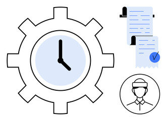 Gear with clock at the center, task list with check mark, and head of a person. Ideal for time tracking, productivity, task management, efficiency, work planning. Clean modern style