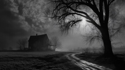 Eerie Solitude: A Lone House in the Misty Darkness