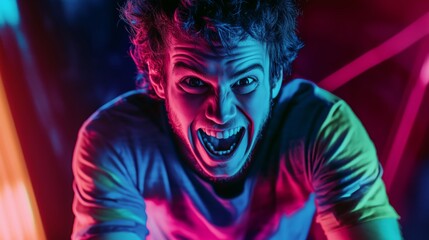 An Intense Expression Captured Under Bright Neon Lights That Illuminate the Scene