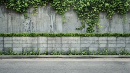 Residential boundary with concrete blocks, hedge, sidewalk, and street. Ample space for text.