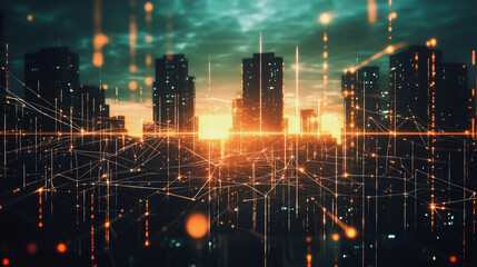Fototapeta premium Smart digital city with connection cyber security network reciprocity over the cityscape . future smart wireless digital city and social media networking systems that connects people within the city