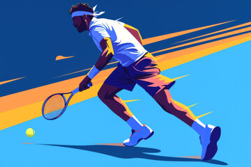 Illustration of a Tennis Player Chasing a Shot. A dynamic and colorful depiction of a male tennis athlete mid-motion with dark skin tone and curly hair, racing towards a ball on a court.
