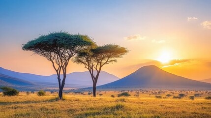 Obraz premium Two acacia trees stand tall against a breathtaking sunset in the African savanna, with distant mountains silhouetted in the golden light.