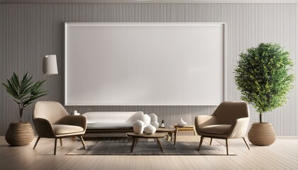 Fototapeta premium Minimalist interior with blank frame and modern furniture. 3D Rendering