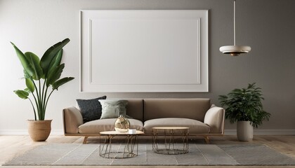 Minimalist interior with blank frame and modern furniture. 3D Rendering