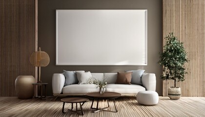 Minimalist interior with blank frame and modern furniture. 3D Rendering