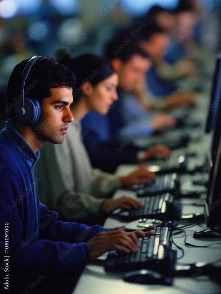 Poster workers engaged in computer tasks