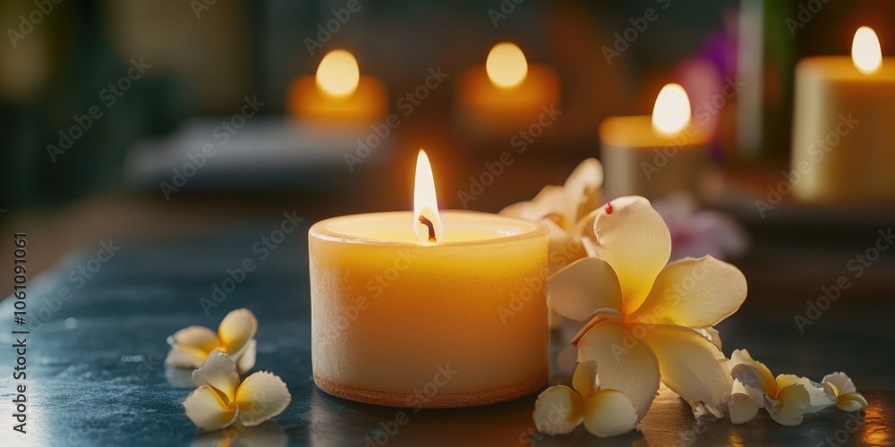 Aufkleber peaceful setting with many lit candles, creating a warm and relaxing atmosphere.