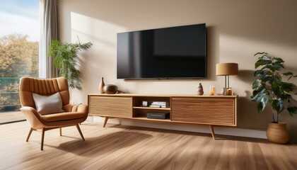 Fototapeta premium Modern chill room interior with tv and drawer, armchair on hardwood floor
