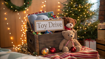 Toy drive donation box filled with plush toys and festive decorations, joyful holiday spirit, cozy setting, copy space
