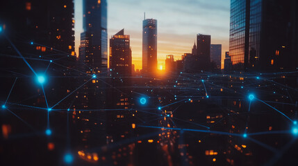 Fototapeta premium Smart digital city with connection cyber security network reciprocity over the cityscape . future smart wireless digital city and social media networking systems that connects people within the city