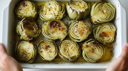 Baked artichoke chips drizzled with olive oil and sprinkled with black pepper, ready to savor for a delightful dining experience