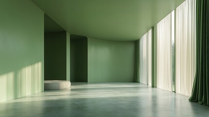 Fototapeta premium Minimalist bedroom featuring a sleek green wardrobe, promoting simplicity and style in modern design.