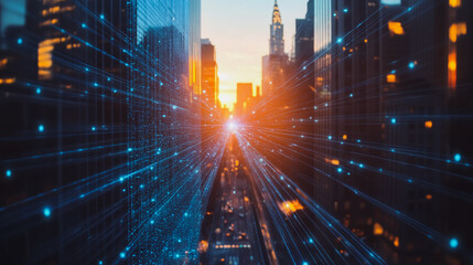 Fototapeta premium Smart digital city with connection cyber security network reciprocity over the cityscape . future smart wireless digital city and social media networking systems that connects people within the city