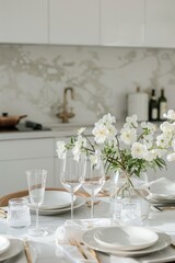 Fototapeta premium Table set with plates, cutlery and flowers, modern kitchen design with clean lines and neutral colors