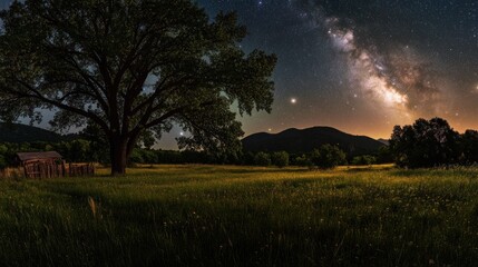 A lone tree stands in a field, silhouetted against a night sky filled with stars and the milky way.