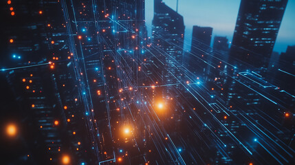 Fototapeta premium Smart digital city with connection cyber security network reciprocity over the cityscape . future smart wireless digital city and social media networking systems that connects people within the city