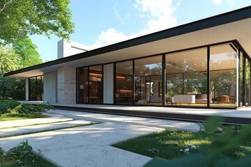 Large house with a lot of glass windows and a large patio. The house is surrounded by trees and has a modern design
