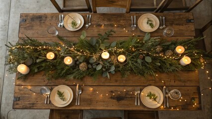 An elegant table setting featuring a lush garland running along the center of a rustic wooden table. The garland is adorned with twinkling fairy lights and complemented by several beautifully arranged