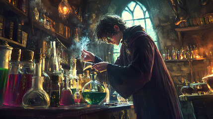 A young wizard is mixing potions in a magical laboratory. Wizards Lair. Illustration