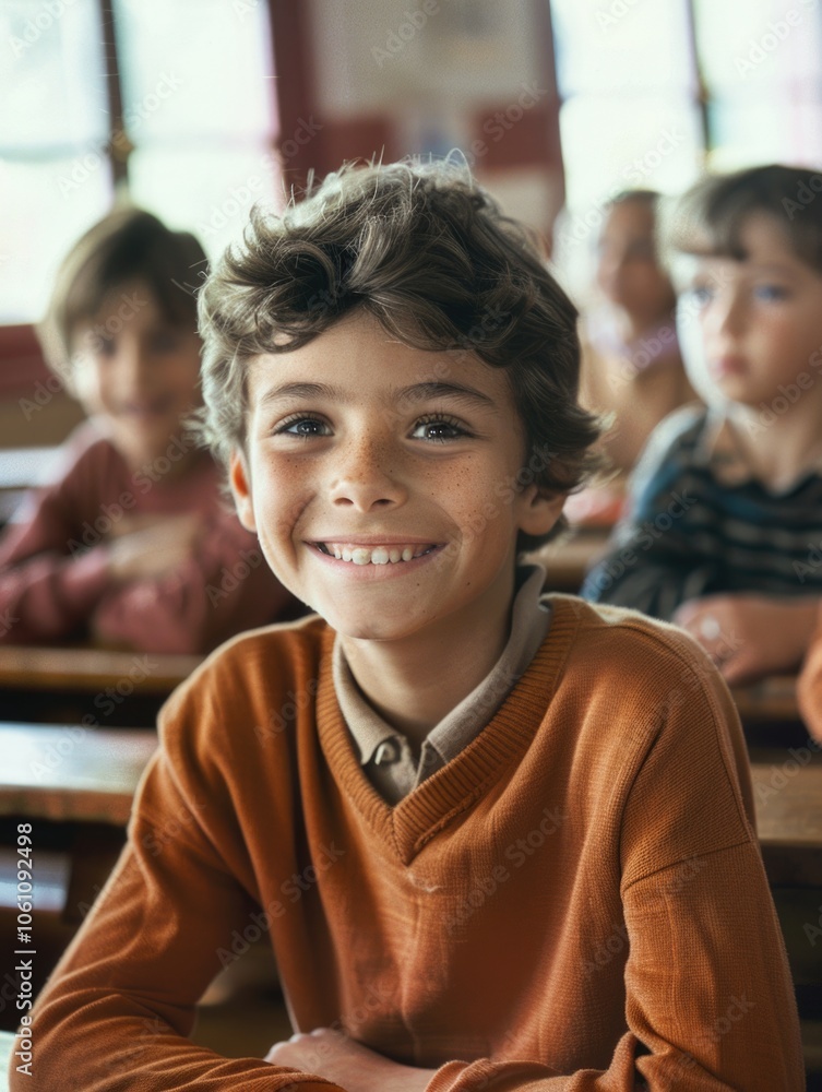 Poster smiling young student in school, ready to learn and share the day with classmates.