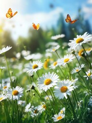 This is a beautiful scene of a vibrant spring garden with yellow flowers and flying butterflies. © vefimov