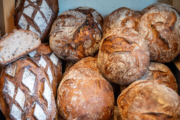 French artisan bakery in Bordeaux, rye and wheat bread and baguettes, France, french food