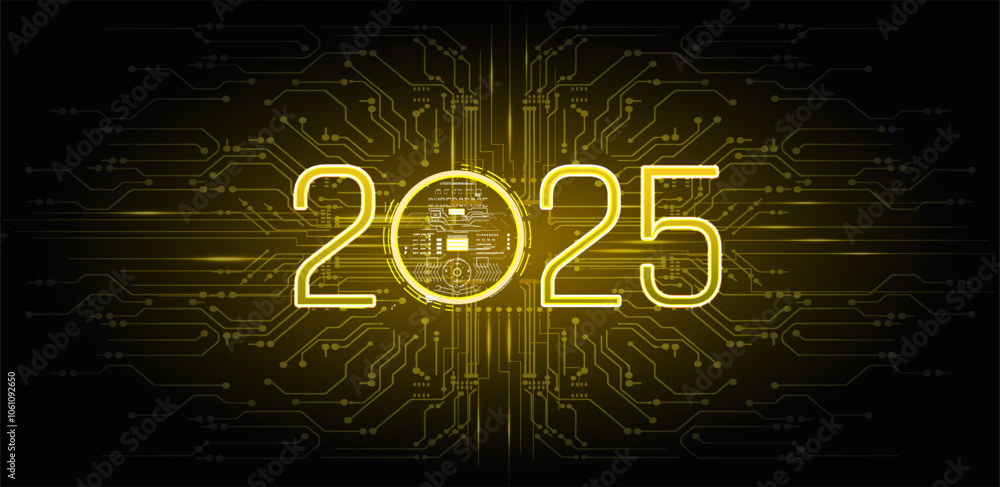 Poster futuristic digital representation of the year 2025 with circuit patterns and glowing elements illumi