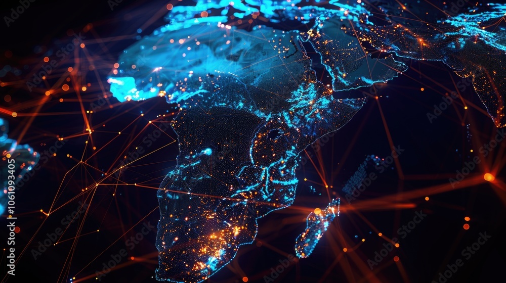 Poster colorful global network map with nodes and connections.