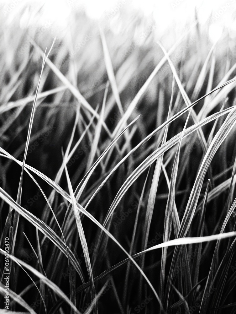 Poster monochrome image of blurry grass in an autumn field with focus on the texture and light.