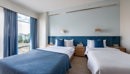 Fototapeta premium White and blue hotel bedroom interior with two beds, shelf and window