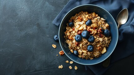 A close-up of a bowl of nutritious porridge with blueberries and walnuts, set against a dark background.