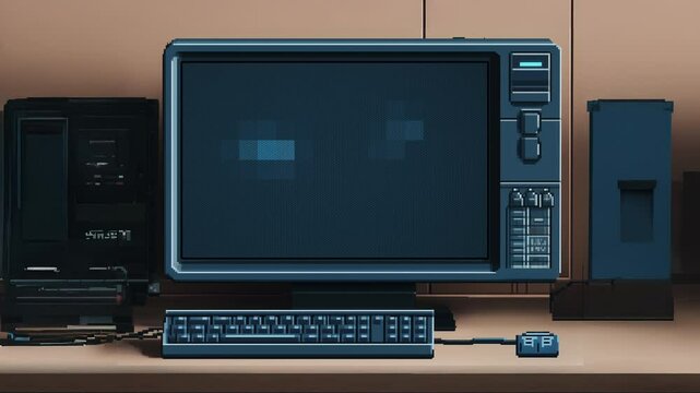 A simple, retro-style pixel art computer monitor with a blank pixel loading screen. In front of it is an old desktop PC and keyboard, all in dark blue and black colors.