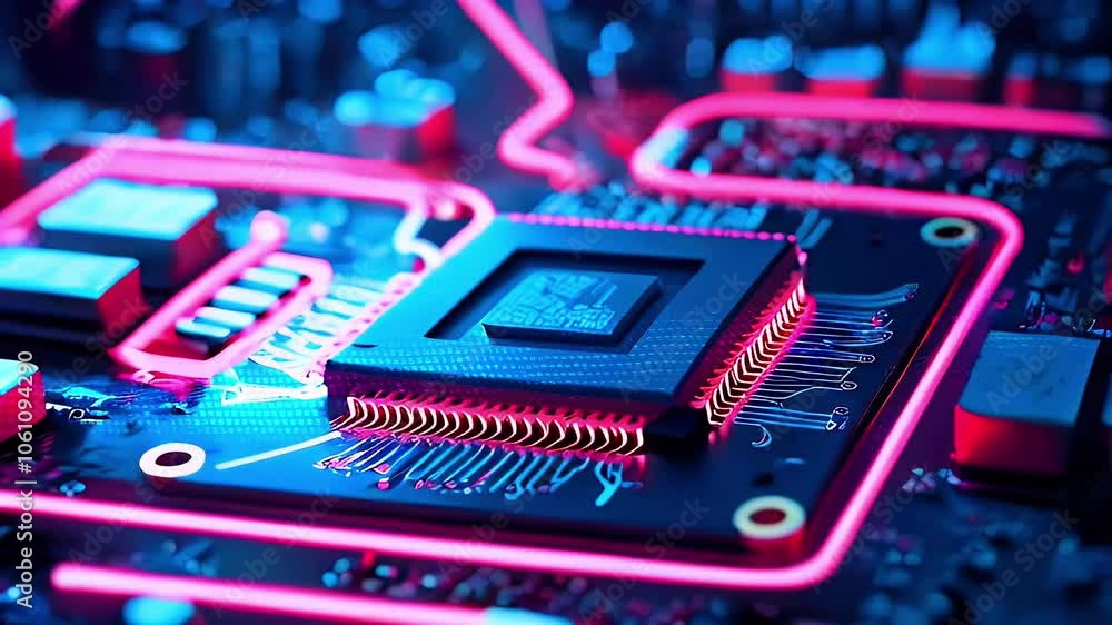Poster close up of a computer chip with neon lights.