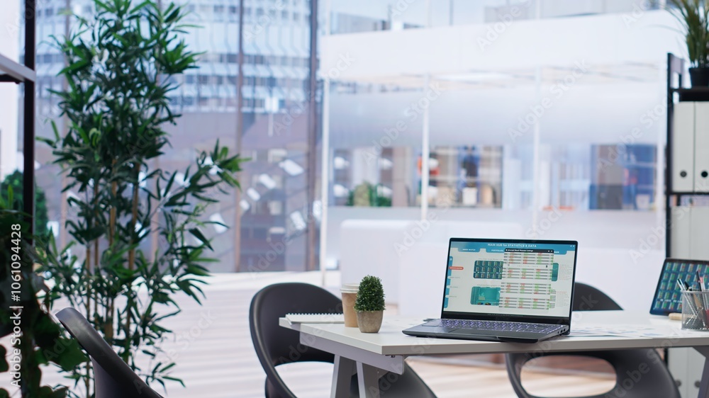 Poster modern bright office with laptop displaying stock exchange data and statistics. notebook with forex 