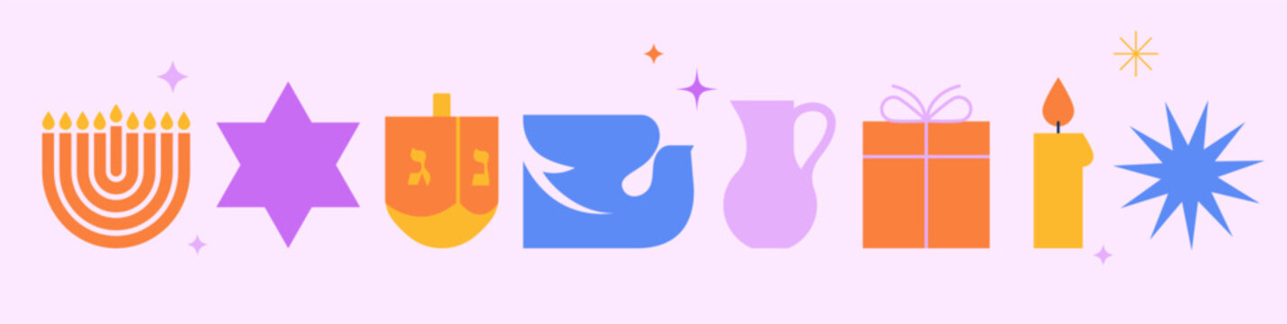 Menorah, dove, candles and dreidel icons set. Happy Hanukkah banner, background, poster. Modern illustrations for traditional holiday