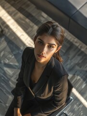 A focused businesswoman in an office environment, wearing a professional suit and high heels. She is looking at the camera with a confident demeanor.