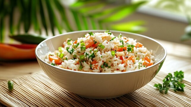 Fresh and colorful vegetable rice salad served in a white bowl on bamboo mat, with green palm leaves in background, perfect for light summer meal.