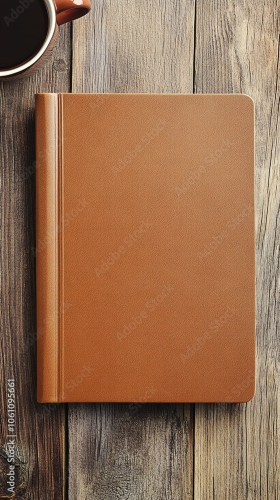Poster minimalist workspace with a closed leather-bound notebook and partial view of coffee mug on rustic w