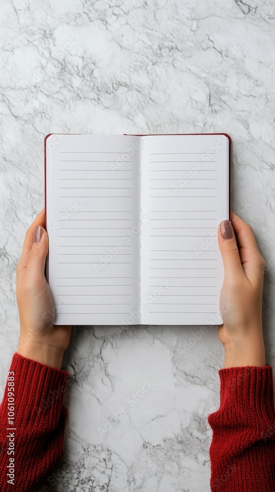Poster open notebook with blank lined pages held by hands in red sweater sleeves against a marble backgroun