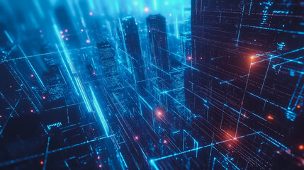 Naklejka premium Smart digital Innovation city with connection network reciprocity over the cityscape. of future smart wireless digital city and social media networking systems that connects people with in city