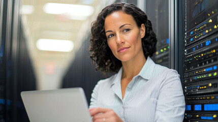 Fototapeta premium Woman Working on Laptop in Data Center with Server Rack