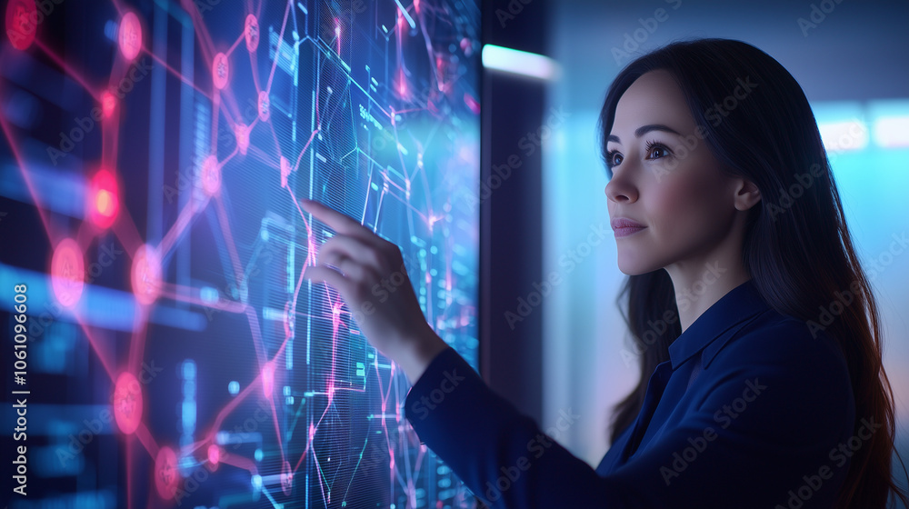 Aufkleber female network administrator monitoring servers in data center