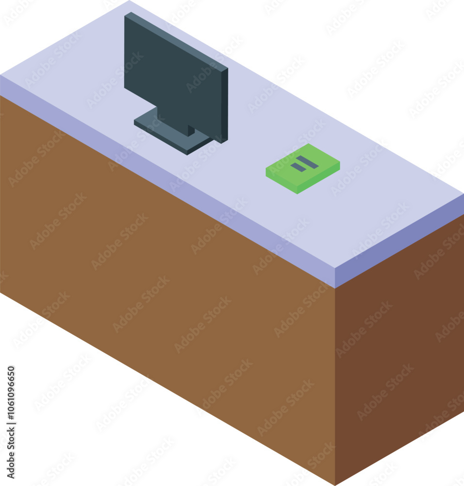 Poster reception desk featuring computer monitor and payment terminal in isometric view