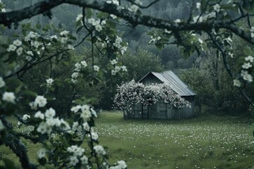 An abandoned house nestled among apple trees, now home to wild growth and blossoms.